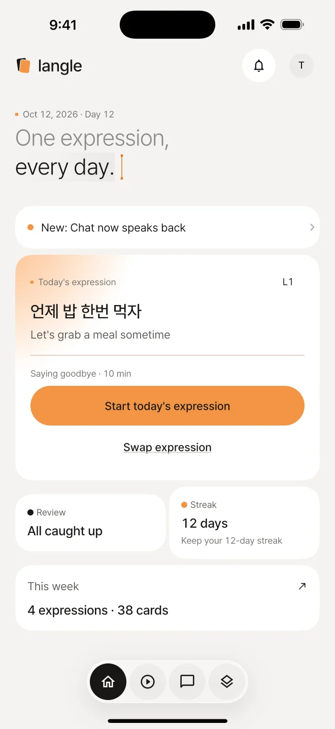 Langle home screen with today's expression